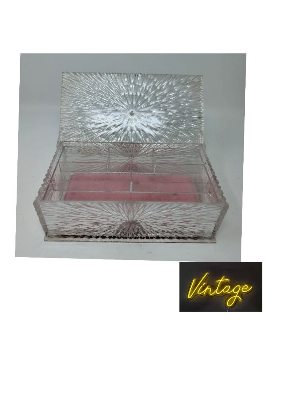 Vintage 50s Lucite Celebrity Plastic Jewelry Box Clear Atomic Starburst